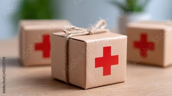 Fototapeta Small cardboard boxes with red crosses, symbolizing first aid or medical supplies, are placed on a wooden surface.