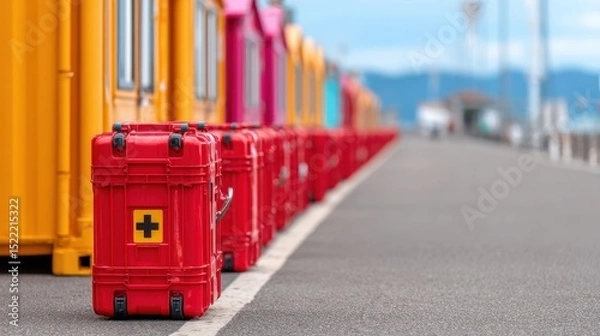 Fototapeta Bright red emergency medical kits lined up in front of colorful shipping containers on an outdoor pavement.