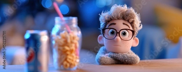Fototapeta A cute cartoon character with glasses sits at a table with a soda can and a jar of snacks, set against a softly blurred, colorful background.