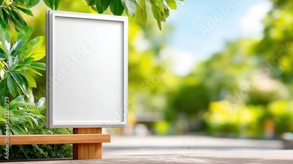 Fototapeta Blank outdoor billboard on a wooden stand surrounded by green foliage and trees in a sunny park setting.