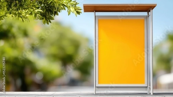 Fototapeta A blank yellow billboard stands outdoors under a wooden roof, with green trees in the blurred background.