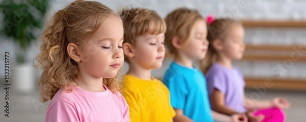 Fototapeta Four young children meditating indoors, sitting in a row with eyes closed, wearing colorful shirts, focusing peacefully.