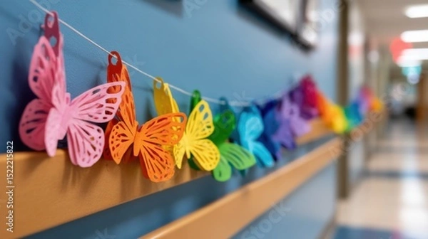 Fototapeta Colorful paper butterflies are strung along a hallway wall, creating a cheerful and vibrant decorative display.