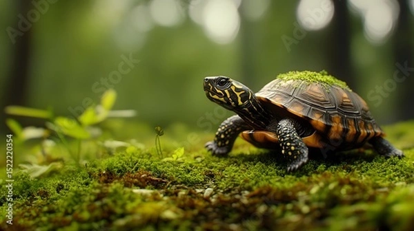 Fototapeta Turtle with moss on shell in forest wildlife nature photography closeup shot