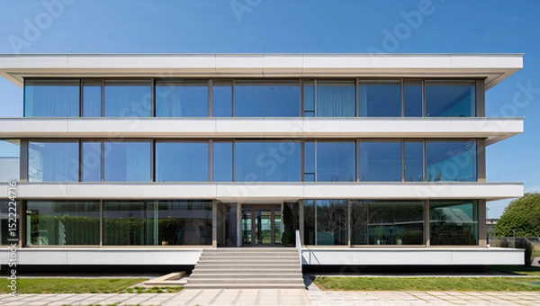 Fototapeta Modern Glass Facade Office Building with Reflective Windows and Clean Architectural Lines under Blue Sky