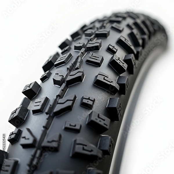 Fototapeta Detailed Close-Up of Black Mountain Bike Tire Tread with Aggressive Knobby Pattern