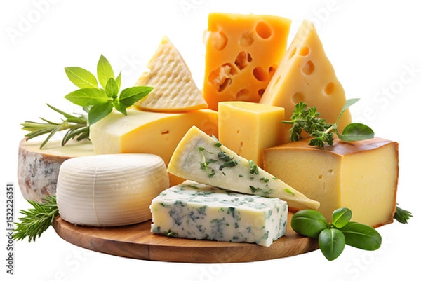 Obraz Cheese collection, various types of cheese with herbs, isolated on white. Generative AI
