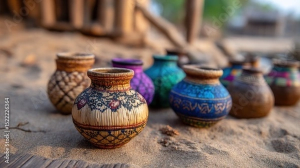 Fototapeta Colorful decorative pots arranged on sandy ground in a natural setting.