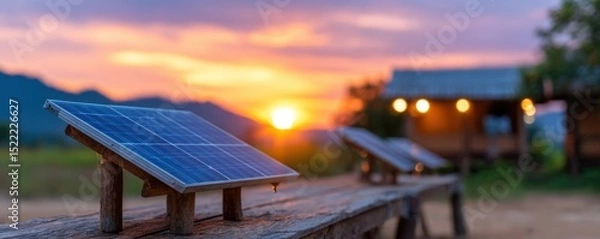 Fototapeta Solar panels at sunset on a wooden platform with a scenic background.
