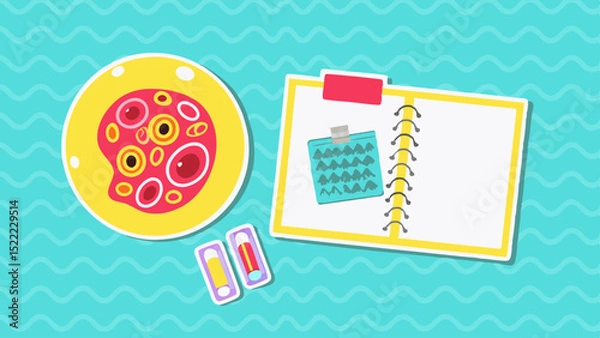 Obraz Colorful Flat Lay of a Sketchbook Stickers and Erasers on a Wavy Blue Surface Art Supplies Cartoon Design
