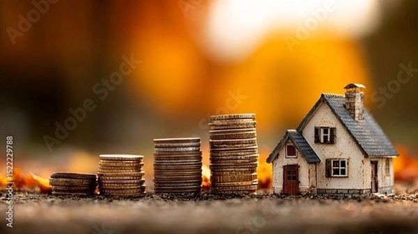 Obraz A mini house with stacked coins, symbolizing real estate investment.