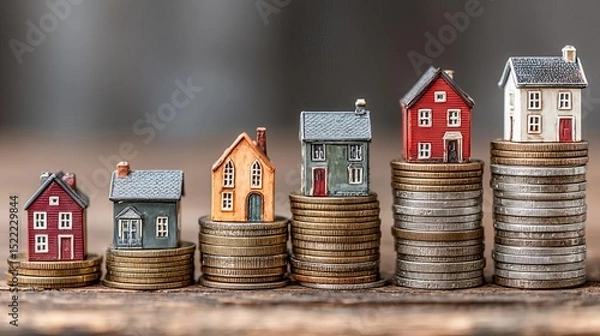 Obraz Miniature houses on coins representing financial growth.