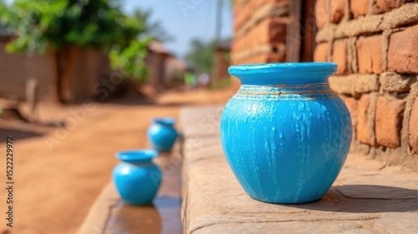 Fototapeta A vibrant blue pot sits on a stone ledge, with blurred terracotta buildings in the background.