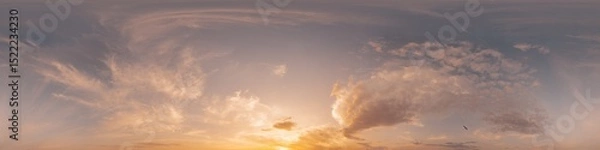 Fototapeta 360 panorama of glowing sunset sky with bright Cirrus clouds. Seamless hdr spherical 360 panorama. Sky dome in 3D visualization, sky replacement for aerial drone panoramas. Weather and climate change