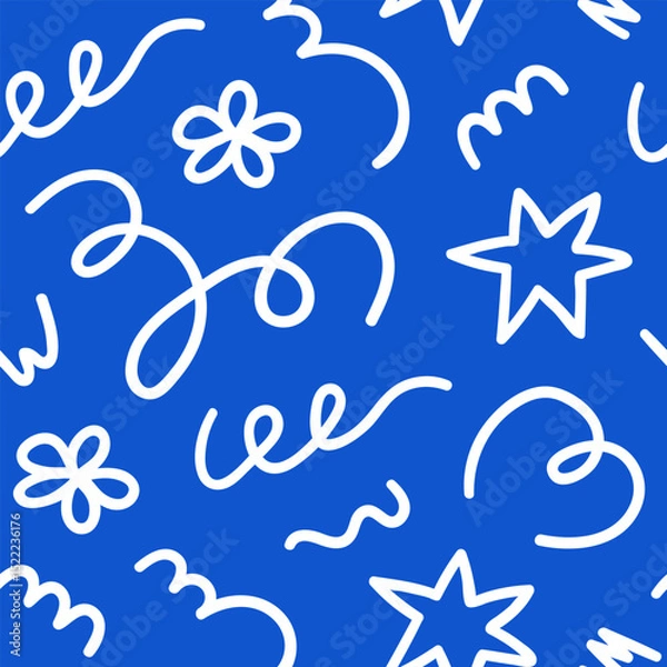 Fototapeta Seamless pattern of cute kids elements. Hand drawn fun childish print. Blue and white colors. Vector line illustration	