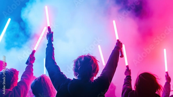 Fototapeta Large group of fans dressed as characters at a Star Wars themed event in a vibrant atmosphere