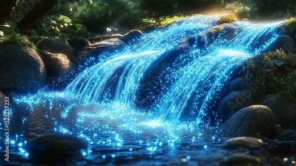 Fototapeta Magical cascade: luminous waterfall flowing through lush forest scenery