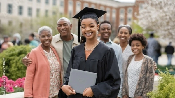 Fototapeta Celebratory gathering on a college campus as a recent graduate poses with her family, showcasing pride and joy during her graduation ceremony in spring