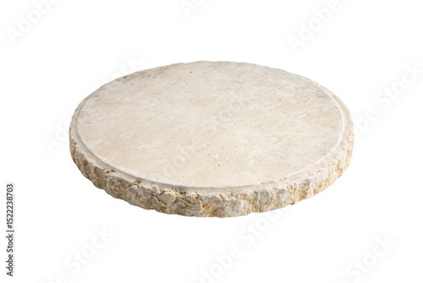 Fototapeta Round limestone or sandstone slab with natural rough edges and cream colored surface, isolated on a transparent background