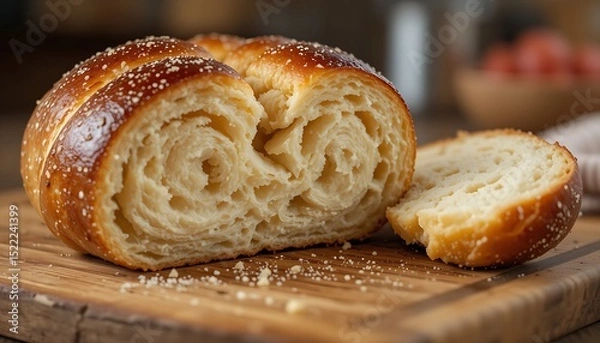 Fototapeta Freshly baked pretzel bread roll with a dark, glossy, crackled crust, cut open to reveal a dense, chewy interior. The bread has a soft and fluffy texture inside