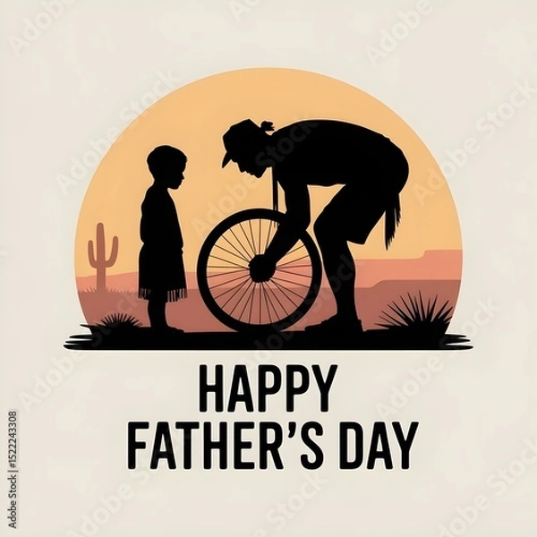 Obraz Happy Fathers Day Bold Silhouette of Dad Fixing Bicycle with Child Watching

