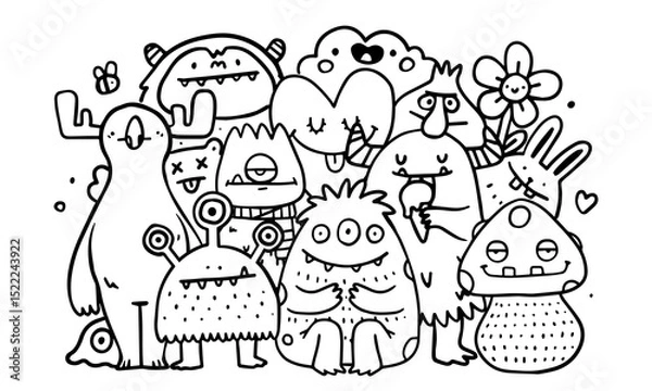 Obraz Doodle monster. Icon fun magic creature. Graphic scary. Boo creepy, evil horror. Line alien graphic background, silhouette sketch drawn. Color page template. Vector cartoon isolated illustration