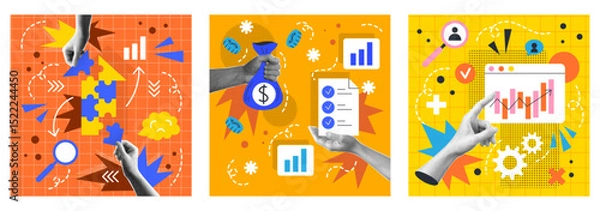 Obraz Art idea. Work startup. Modern halftone hand. Brain concept. Business innovation lightbulb. Student paper finger. Growth chart. Money investment. Vector abstract education garish collage posters set