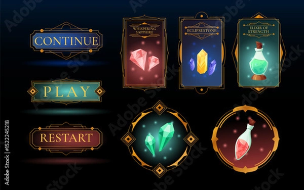 Fototapeta Game UI frame. Magic button. Fantasy icon. Stone interface with glowing HUD. Blue target divider Loot gemstone card. Charming reward gems. Potion bottle. Vector luxury FUI garish screen elements set
