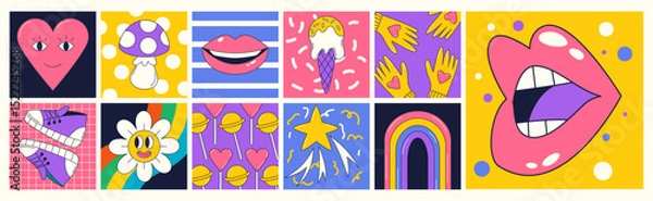 Obraz Abstract cartoon sticker. Art doodle retro design. Color shape. Comics graphic for music. Love heart smile. Daisy flower. Psychedelic labels. Woman mouth lips. Vector summer groovy garish patches set