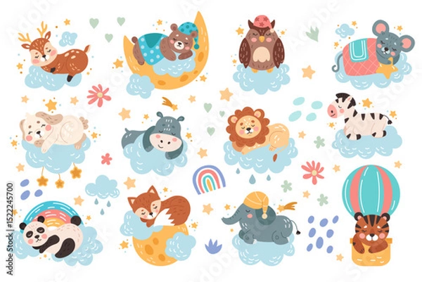 Obraz Cute animal sleeps. Cartoon character dreams on moon. Sky clouds and stars. Baby deer or bear doze under blanket. Drawn for kids night. Doodle print sticker. Vector children tidy illustrations set