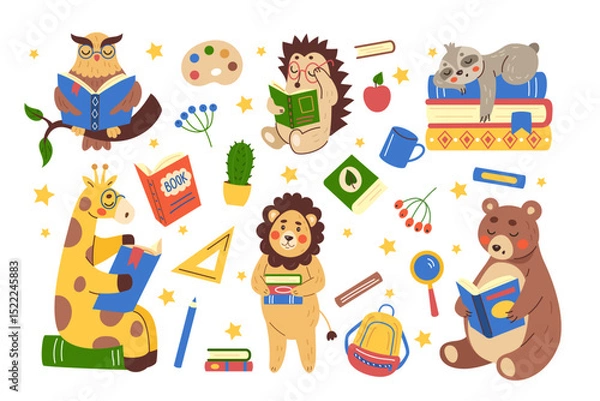 Obraz Animals study. Cartoon characters. Textbook for education. Jungle and forest mammals read books in school. Childish drawing. Pet kids learning in library. Student backpack. Vector tidy illustration