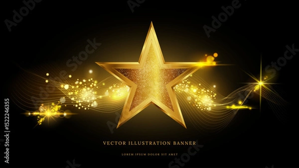 Obraz Gold star. Light sparks. Glow on black background. Luxury stage shape. 3D poster glitter. Premium sparkle show. Award ceremony. Overlay golden shiny effect. First place reward. Vector victory banner