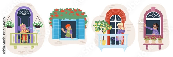 Obraz Child in window. Neighborhood safe. Kid looks out of balcony day. Neighbors talk. Cartoon home open glass casements. Baby watering plants in house. Children communication. Vector comic illustration