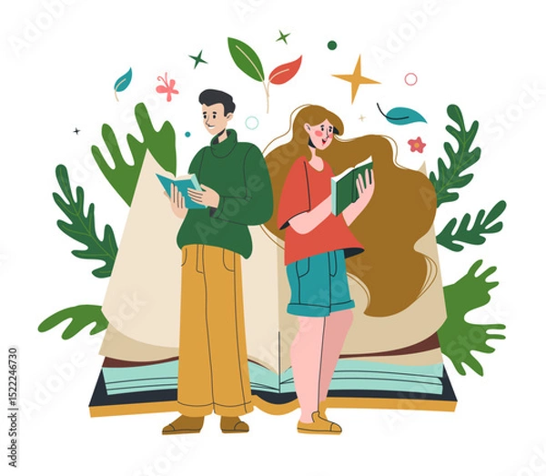 Obraz People read book. Man and woman enjoying of literature. Education for students. Knowledge in library or bookstore. Young smart boy and girl couple. Vector cartoon flat style isolated illustration
