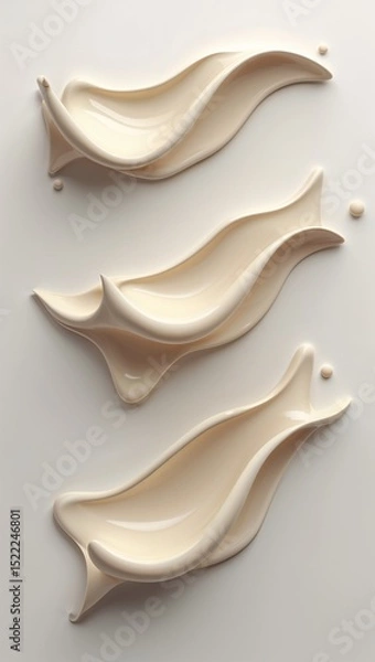 Obraz Three Creamy Beige Liquid Splash Shapes in Triangular Layout on White Background with Fluid Motion