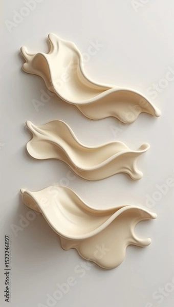 Obraz Three Creamy Beige Liquid Splash Shapes in Triangular Layout on White Background with Fluid Motion