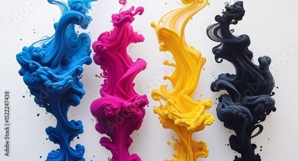 Obraz Vibrant Abstract Digital Artwork with Four Colored Ink Plumes in Blue Magenta Yellow and Black on White