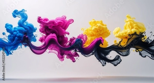 Obraz Vibrant Abstract Digital Artwork with Four Colored Ink Plumes in Blue Magenta Yellow and Black on White