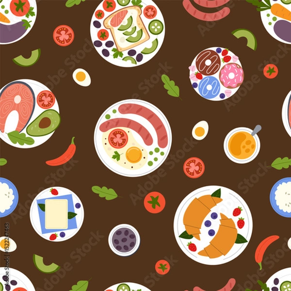 Obraz Food seamless pattern. Different breakfast and dinner on plates. Kitchen product. Decor textile, wrapping paper, wallpaper. Culinary print for fabric. Vector cartoon flat style isolated illustration