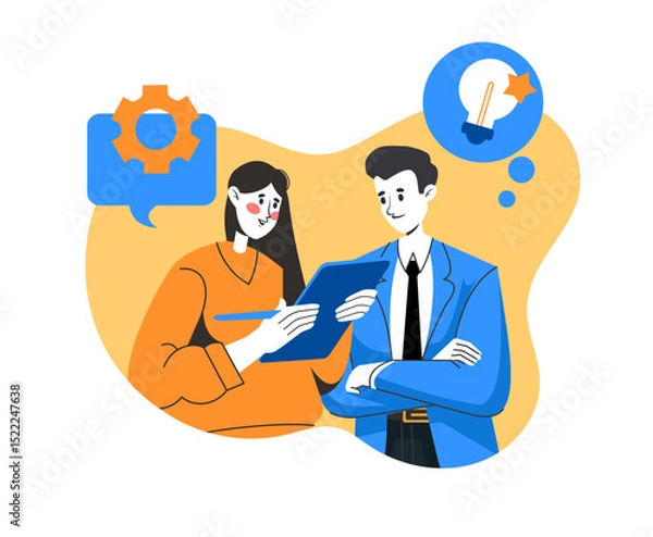 Obraz Business people. Businesswoman and man colleague communication. Manager and employee. Speech bubble and idea lamp. Startup and marketing banner vector cartoon flat style isolated teamwork illustration