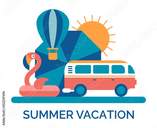 Obraz Summer vacation. Travel flyer. Beach flamingo, bus on sunset background. Minimalistic summertime geometric tropical elements. Resort vacation. Vector cartoon flat style isolated simple illustration