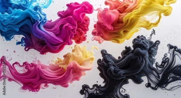 Obraz Vibrant Abstract Digital Artwork with Four Colored Ink Plumes in Blue Magenta Yellow and Black on White
