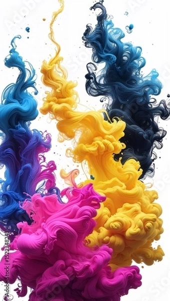 Obraz Vibrant Abstract Digital Artwork with Four Colored Ink Plumes in Blue Magenta Yellow and Black on White
