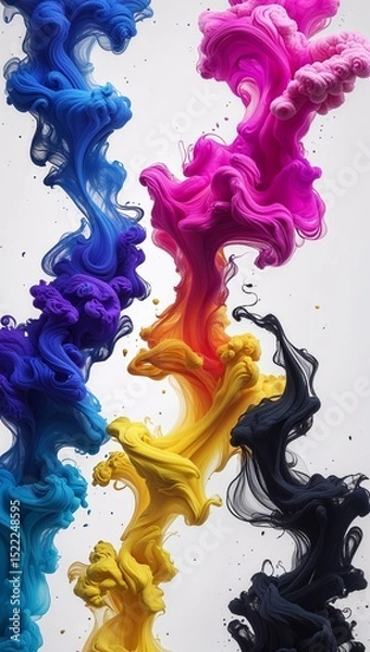 Obraz Vibrant Abstract Digital Artwork with Four Colored Ink Plumes in Blue Magenta Yellow and Black on White