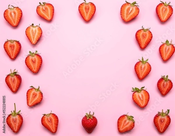 Obraz Fresh, ripe strawberries with vibrant red hues and green leaves scattered artfully on a soft pink background, creating a cheerful and inviting scene.