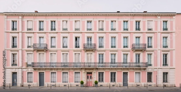 Obraz A pastel pink neoclassical building with rows of windows and two small trees stands under a soft blue sky, capturing minimalism, calmness, and architectural symmetry.

