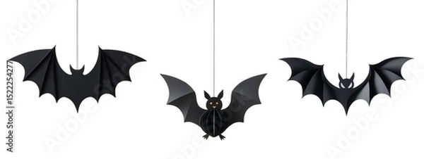 Fototapeta Black paper bats hanging on strings, perfect for spooky Halloween room decoration on transparent background