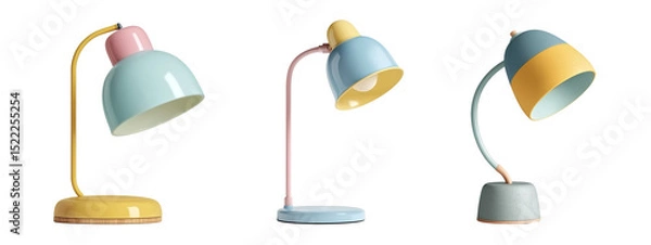 Fototapeta Stylish pastel desk lamps in various shapes, featuring simple modern design on transparent background