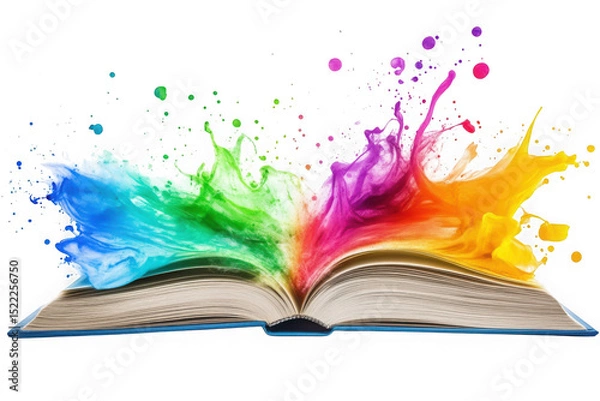 Fototapeta Colorful book with paint splashes png, open book with rainbow colors, illustration, design element, isolated on transparent background