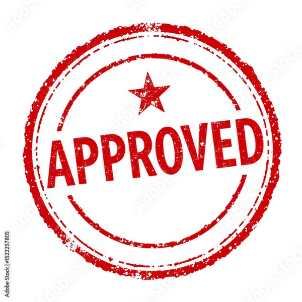 Fototapeta Red circular stamp with a star and the word Approved in bold text isolated on a white background